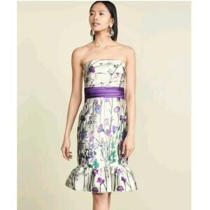 Marchesa Notte Mikado Satin Strapless Ivory Floral Sash Cocktail Dress Size 8